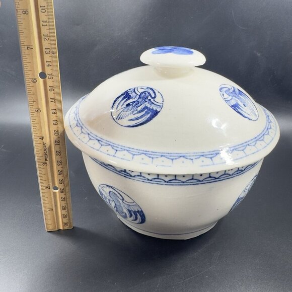 Vintage Japanese Pottery Serving Dish Bowl with Lid Crane Phoenix White Blue VTG - Picture 3 of 15